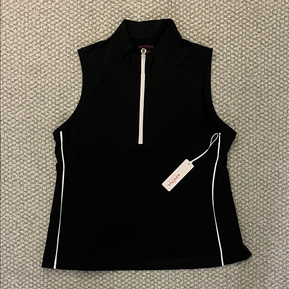 Kinona Black Sleeveless Tank Top with White Accents